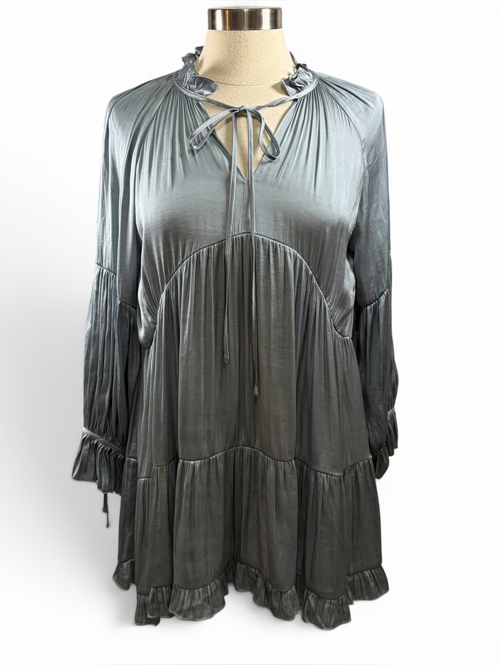 O.P.T. Juvianna Silky Long-Sleeve Tiered Mini Party Dress in Slate Blue, Small